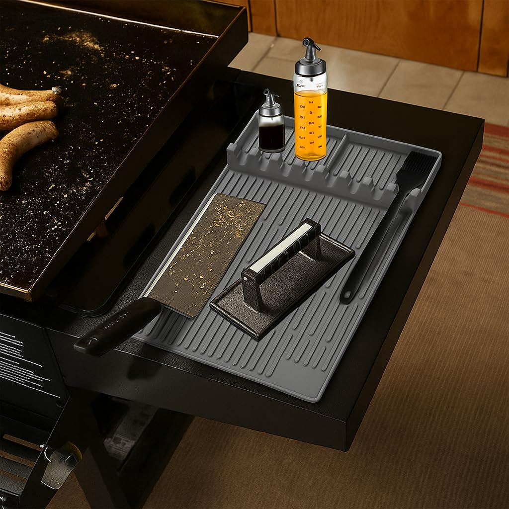 GriddleMATe Silicone Griddle Tool Mat – Heat Resistant Side Shelf Tray for Griddle Accessories, BBQ Tool Organizer (2 pack, gray)