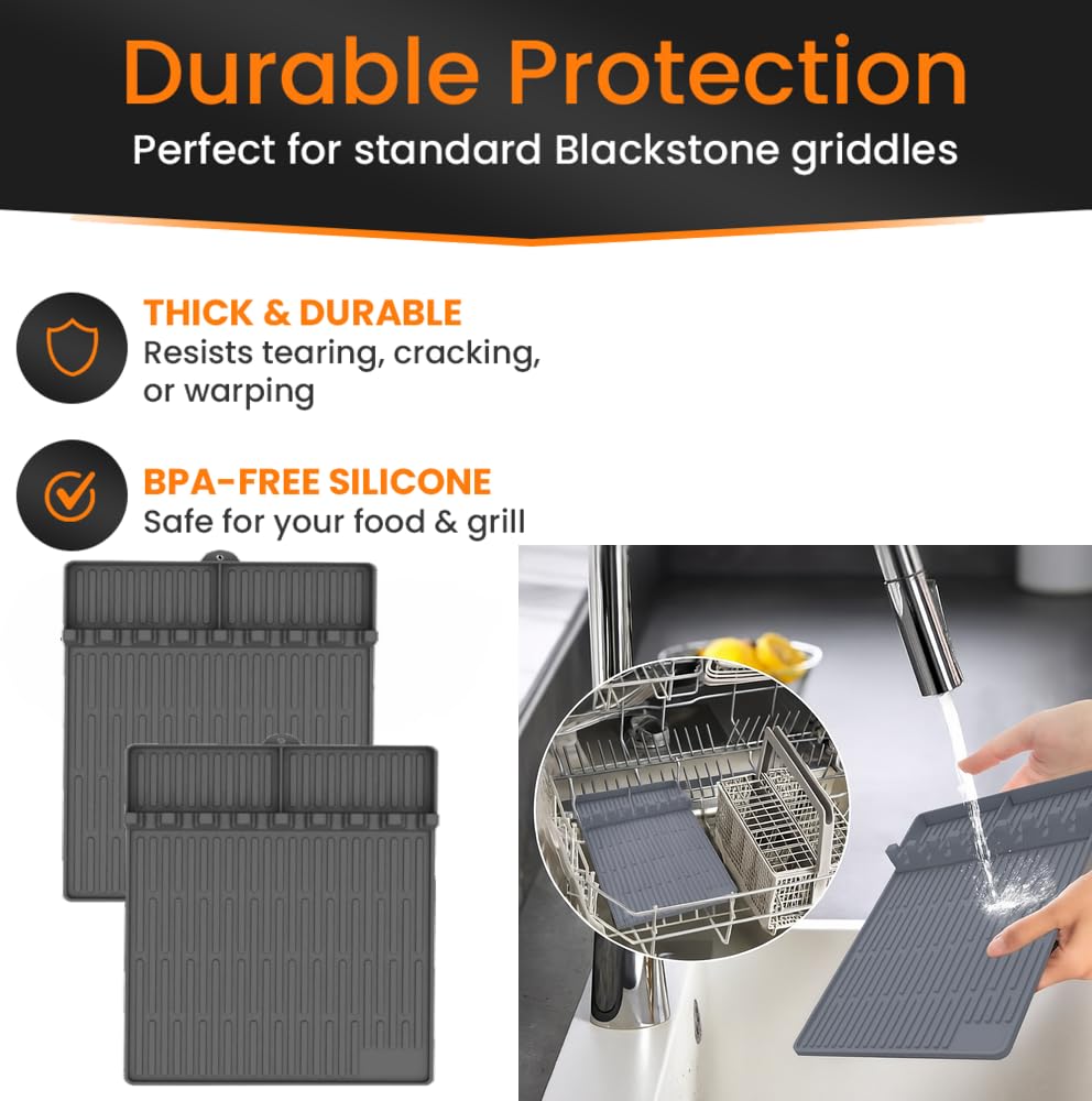 GriddleMATe Silicone Griddle Tool Mat – Heat Resistant Side Shelf Tray for Griddle Accessories, BBQ Tool Organizer (2 pack, gray)