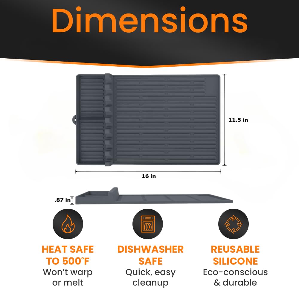 GriddleMATe Silicone Griddle Tool Mat – Heat Resistant Side Shelf Tray for Griddle Accessories, BBQ Tool Organizer (2 pack, gray)
