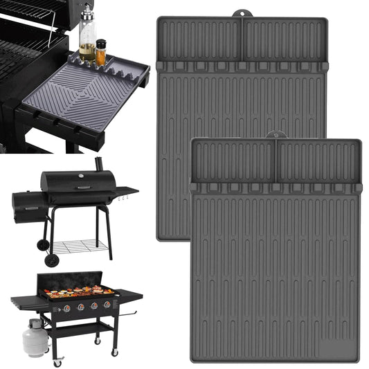 GriddleMATe Silicone Griddle Tool Mat – Heat Resistant Side Shelf Tray for Griddle Accessories, BBQ Tool Organizer (2 pack, gray)